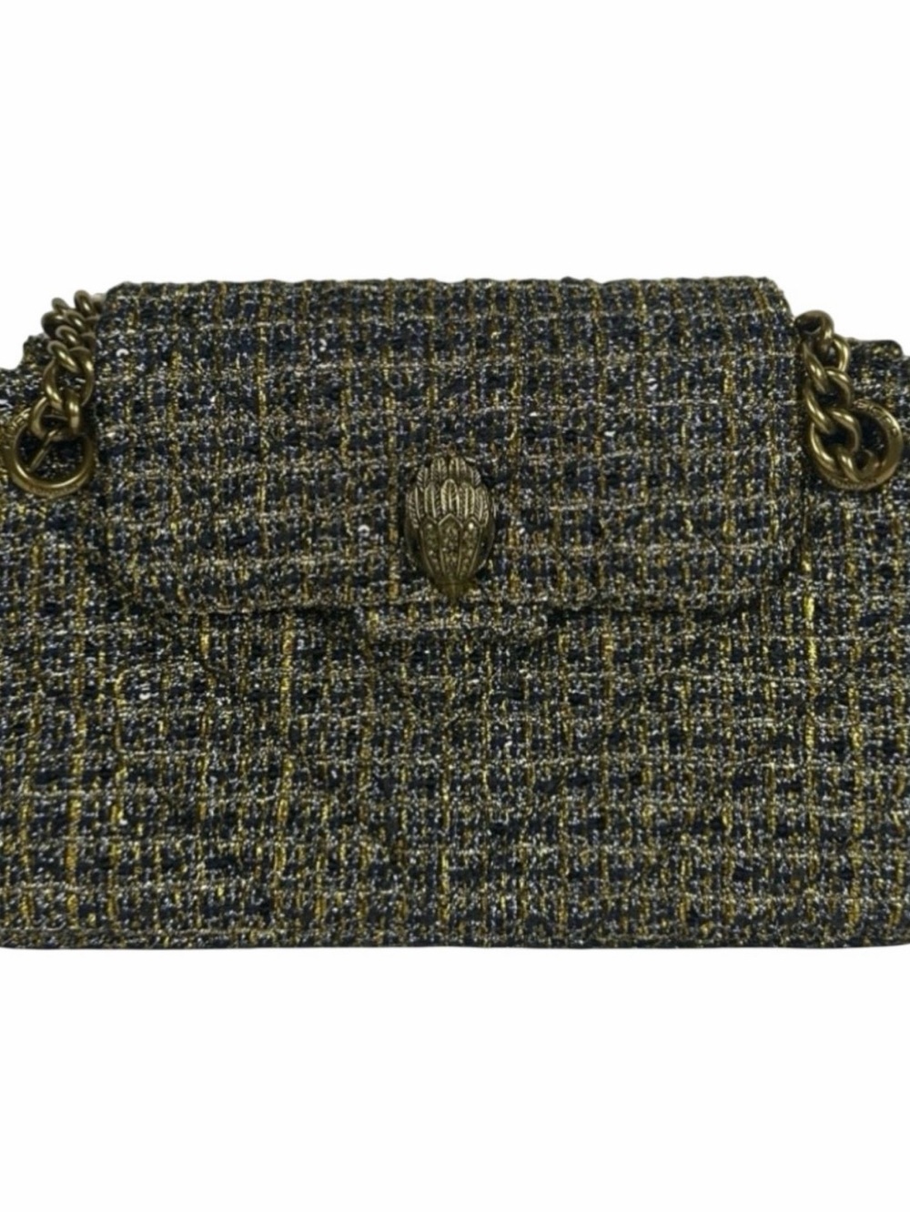 Kurt Geiger Medium Kensington Tweed Chain Shoulder Bag in Navy and Gold